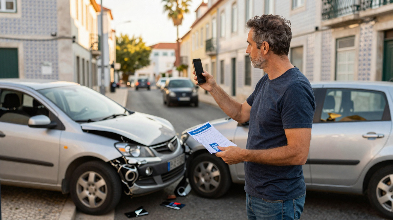 Homem a tirar foto do acidente entre dois carros numa rua urbana com danos visíveis nos veículos.