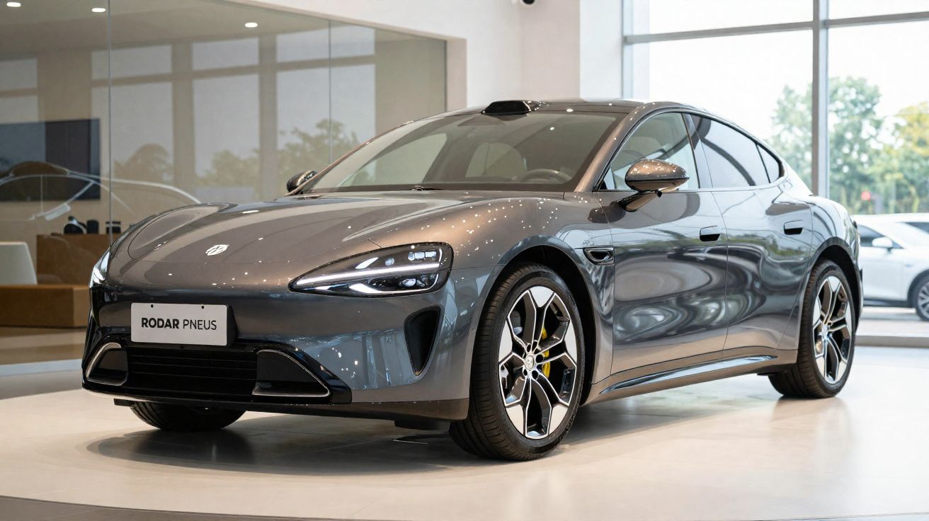 Automóvel desportivo cinzento estacionado em exposição moderna com luz natural e rodas de liga leve.