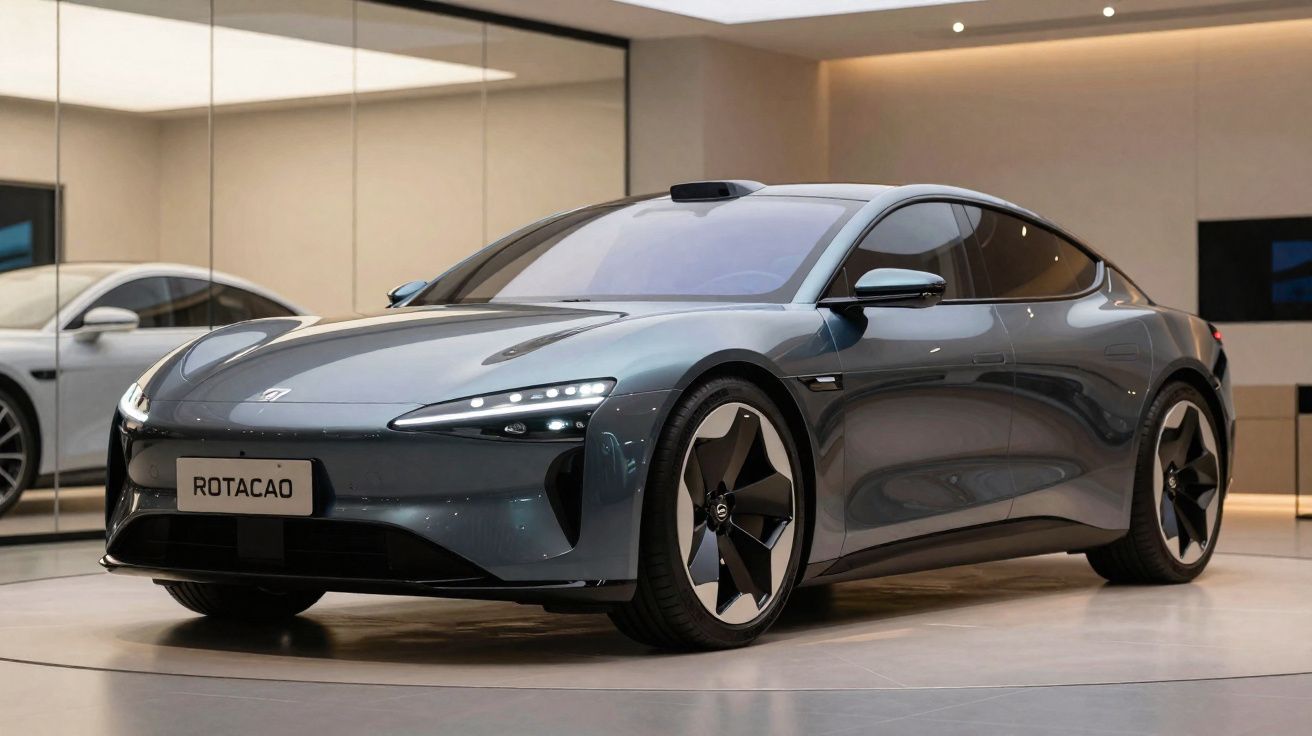 Carro elétrico desportivo cinza exposto em sala moderna com espelhos e iluminação ambiente.