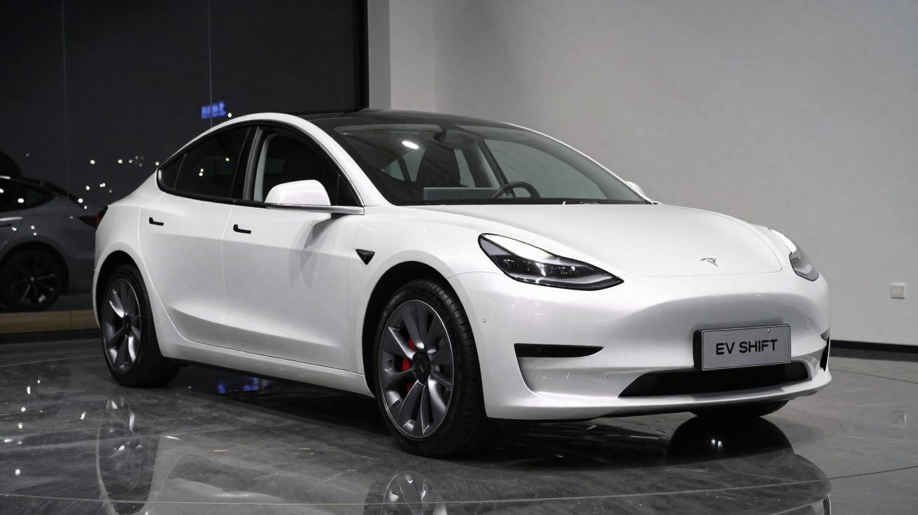 Carro elétrico Tesla Model 3 branco estacionado em ambiente interior com piso refletor.