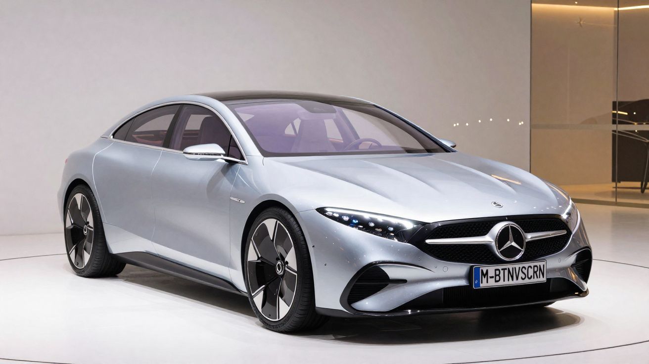 Carro desportivo elétrico prateado Mercedes-Benz exposto em ambiente interior moderno.