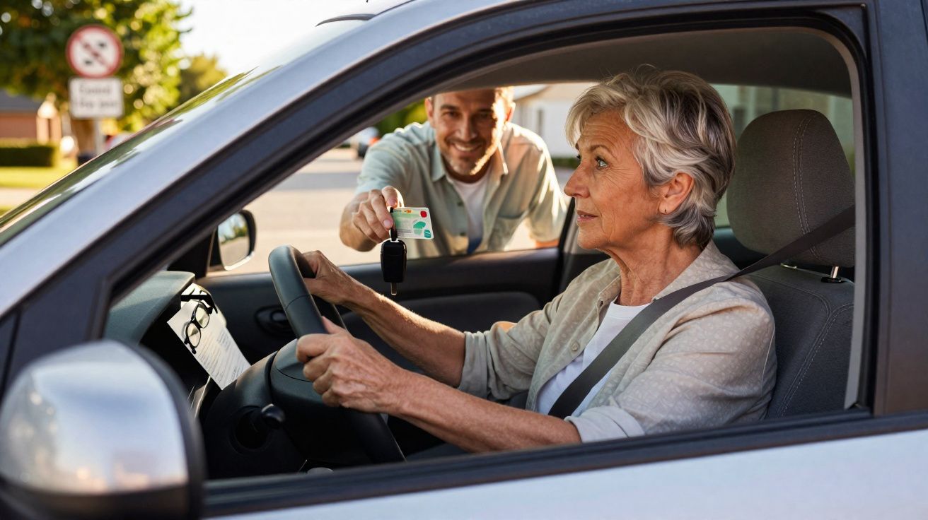 Mulher idosa ao volante recebe as chaves do carro e carta de condução de homem sorridente junto ao veículo.
