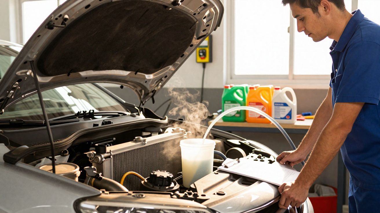 Mecânico a inspecionar o radiador de um carro com o capô aberto numa oficina.