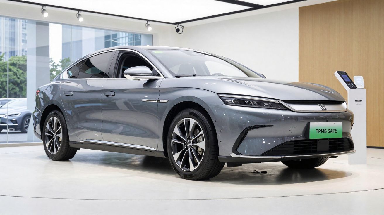 Carro elegante cinzento, sem emissões, exposto numa sala moderna com janelas grandes.