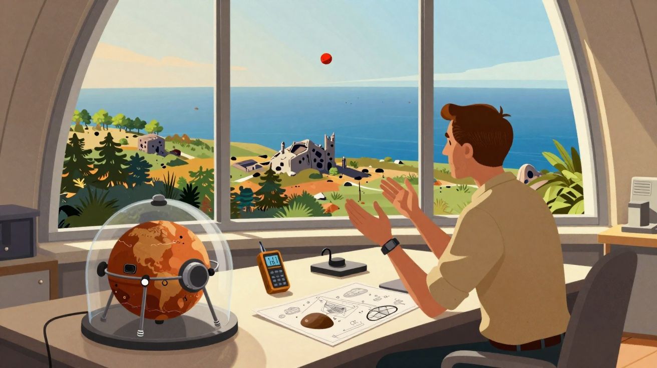 Homem num escritório com vista para o mar joga bola vermelha, mesa com modelo de planeta e mapas espaciais.