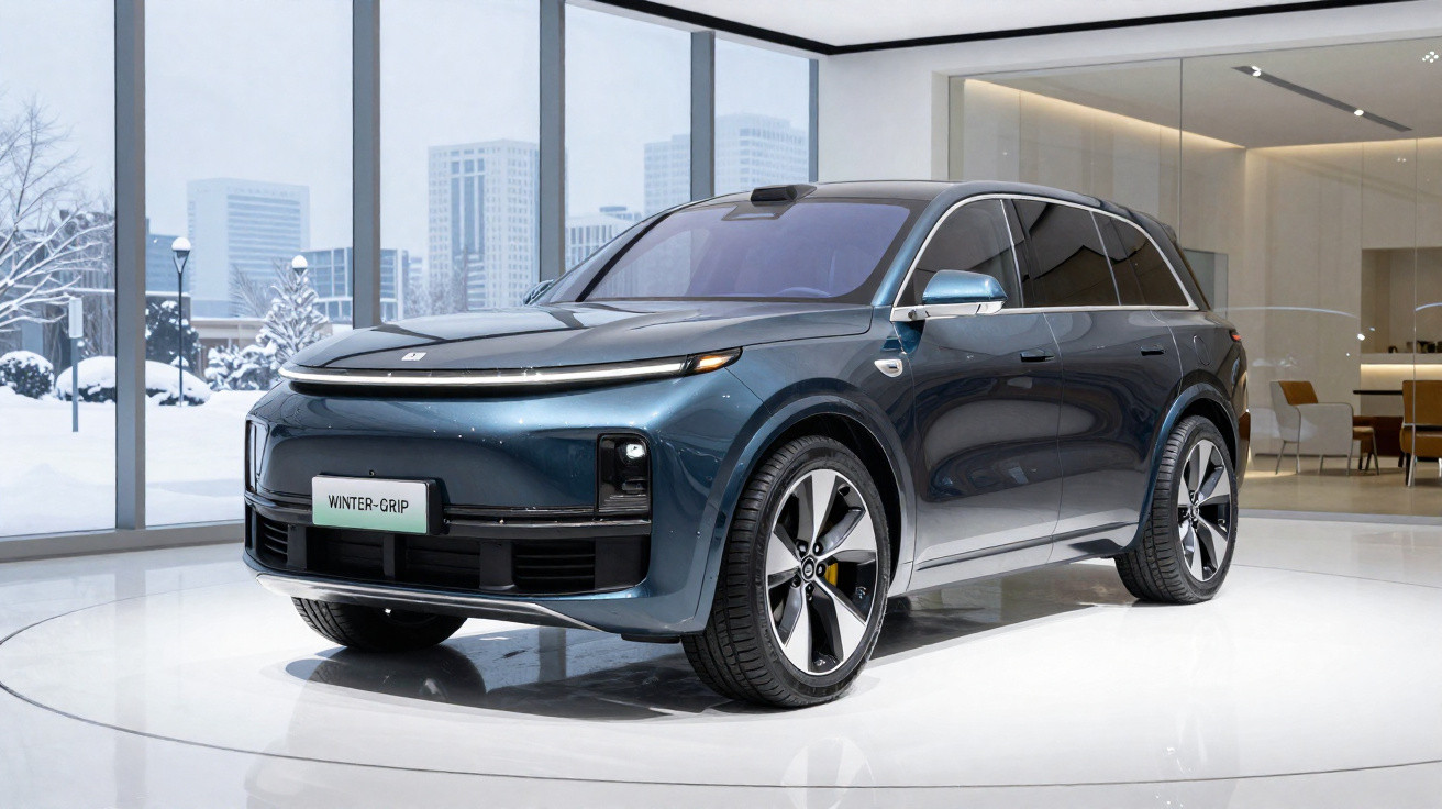 SUV elétrico moderno azul exibido numa sala com janelas grandes e vista urbana nevada ao fundo.