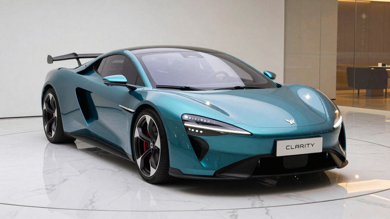 Carro desportivo elétrico azul metálico exposto em interior moderno com jantes desportivas e spoiler traseiro.