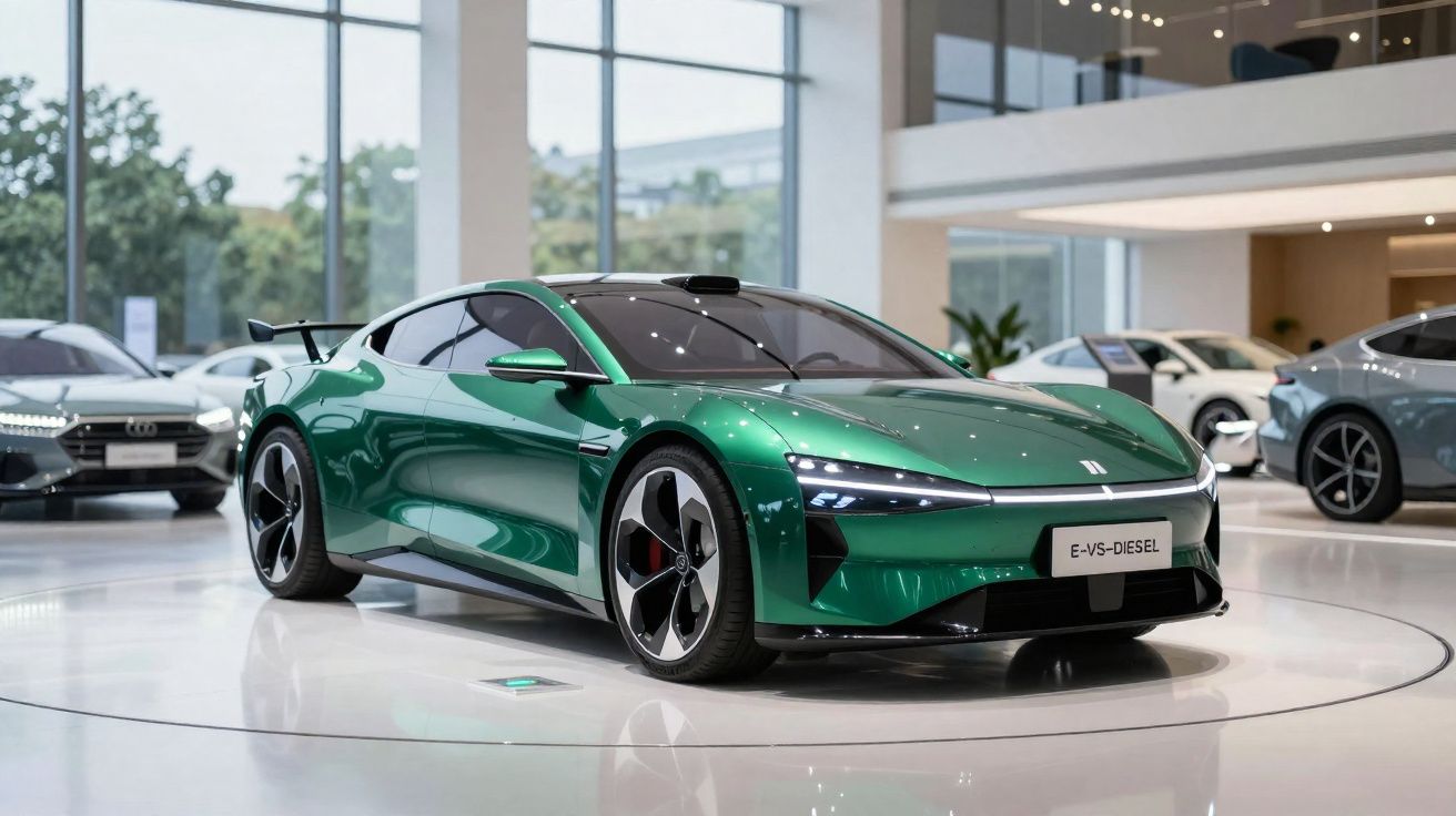 Carro desportivo elétrico verde exibido num salão moderno com luz natural e outros carros ao fundo.