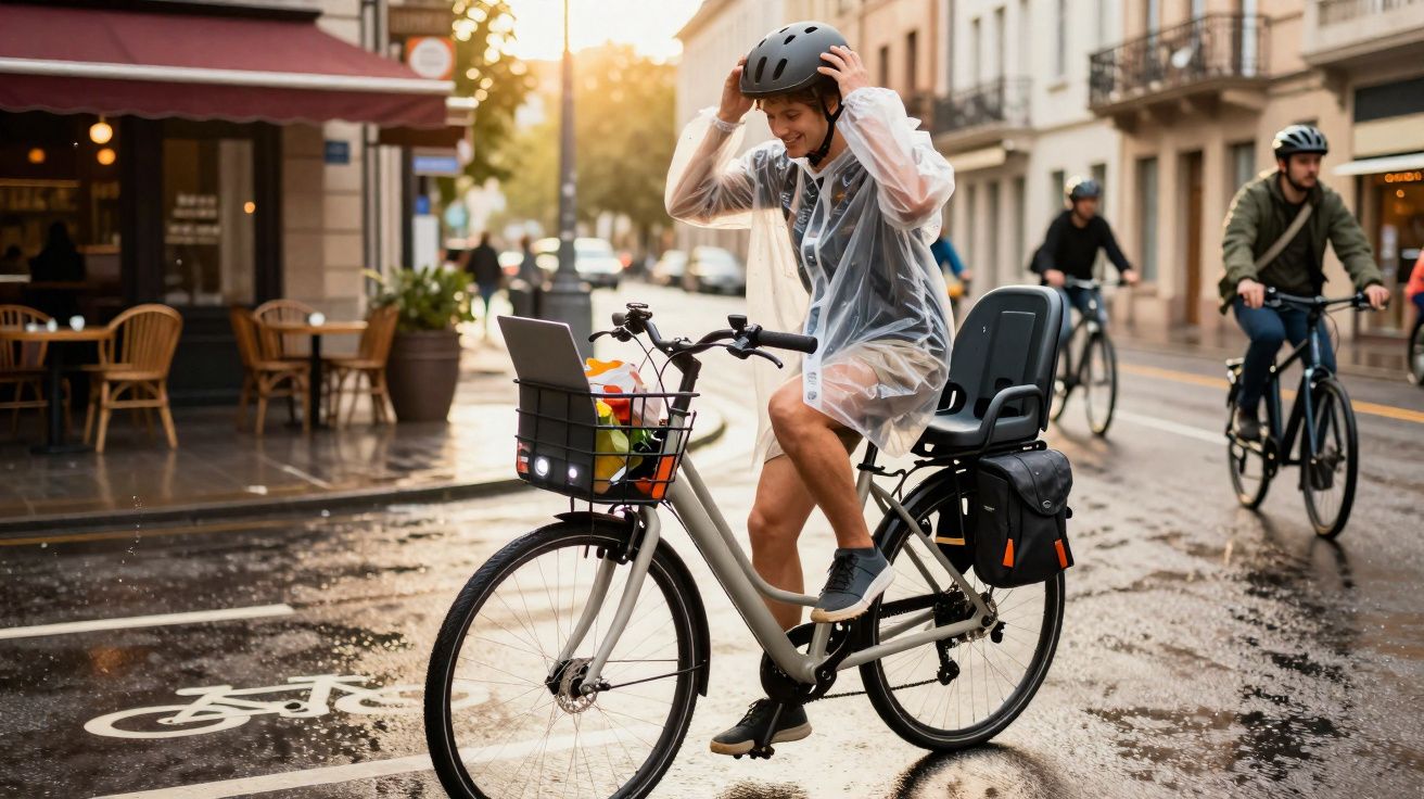Mulher de capa de chuva e capacete monta bicicleta numa rua molhada ao pôr do sol.