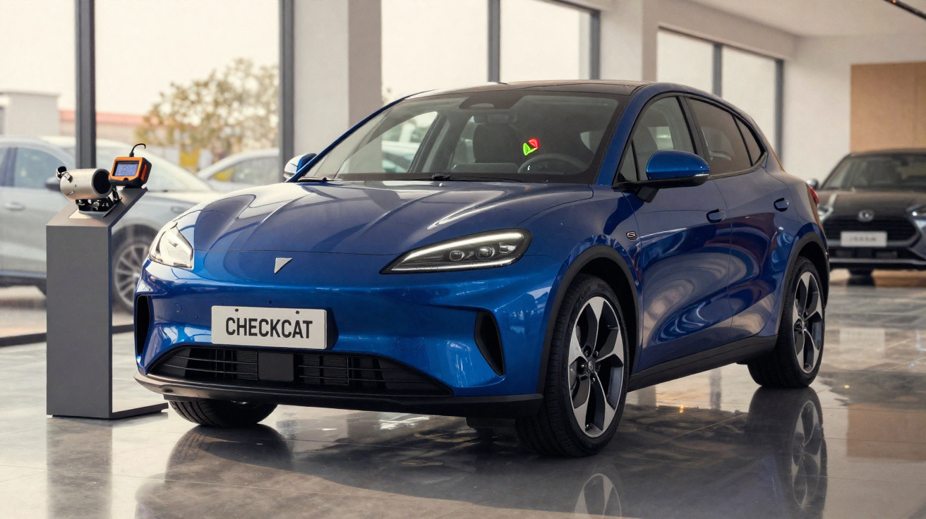 Carro elétrico compacto azul Checkcat em exposição numa sala com chão refletor e janelas grandes.
