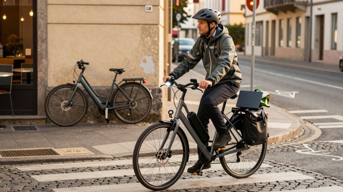 Homem com capacete a andar de bicicleta elétrica numa rua urbana com outra bicicleta estacionada.