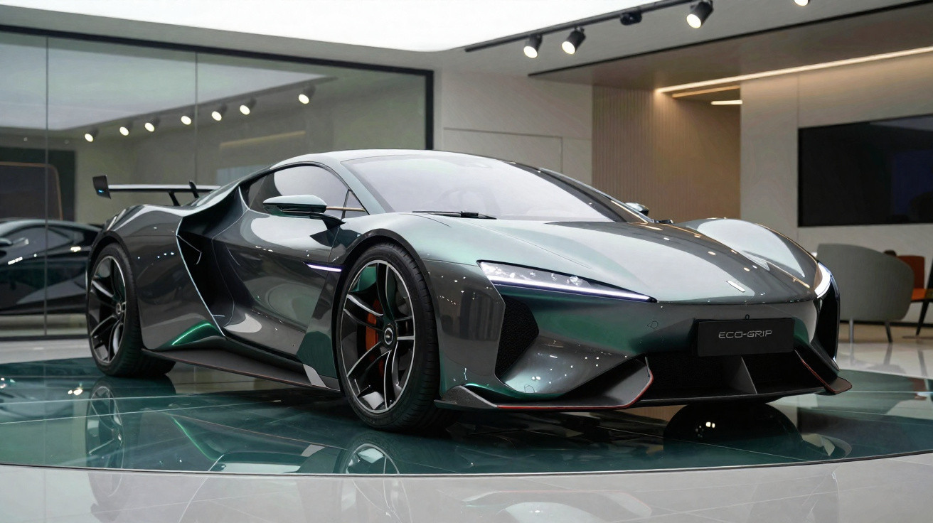 Carro desportivo verde metálico estacionado em exposição moderna com piso reflexivo.