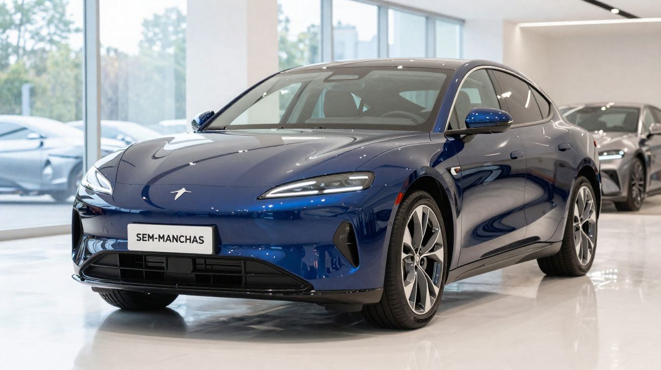 Carro elétrico azul de quatro portas em exposição numa sala iluminada com grandes janelas.