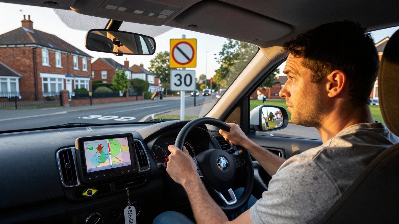 Homem a conduzir carro BMW em zona residencial com sinal de limite de velocidade de 30 km/h.