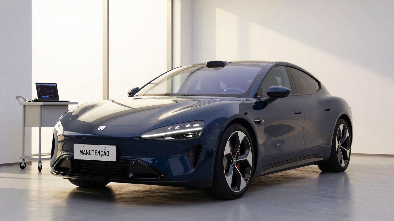 Carro elétrico desportivo azul estacionado numa oficina moderna com placa "Manutenção".