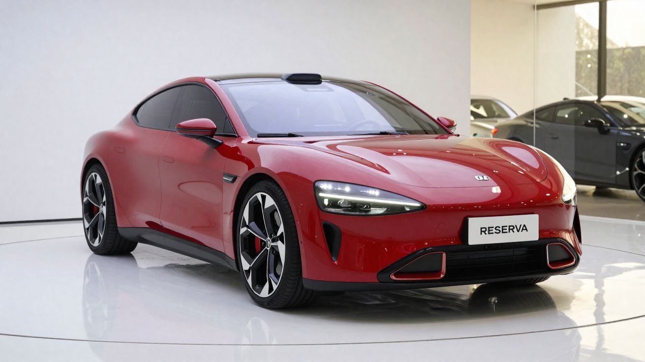 Carro desportivo vermelho com faróis modernos exibido numa sala de exposição.
