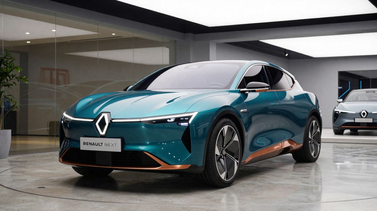 Carro elétrico Renault Next azul com detalhes em cobre em exposição numa sala moderna e iluminada.