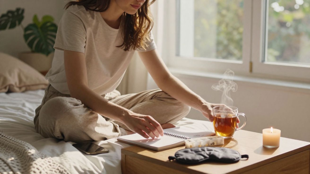 Pessoa sentada na cama a beber chá quente e a escrever numa agenda, com vela acesa e máscara de dormir na mesa.