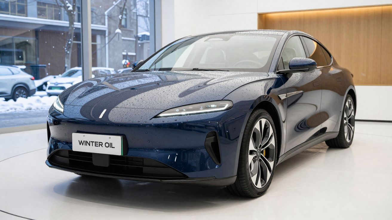 Carro elétrico desportivo azul escuro com luzes LED, em exposição dentro de um edifício moderno.