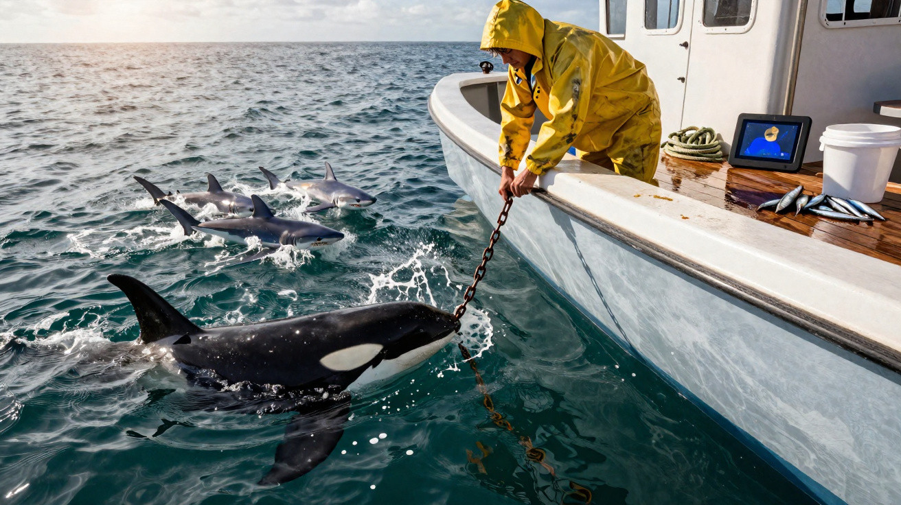 Homem com impermeável amarelo em barco alimenta orca presa a corrente no mar junto a vários tubarões.