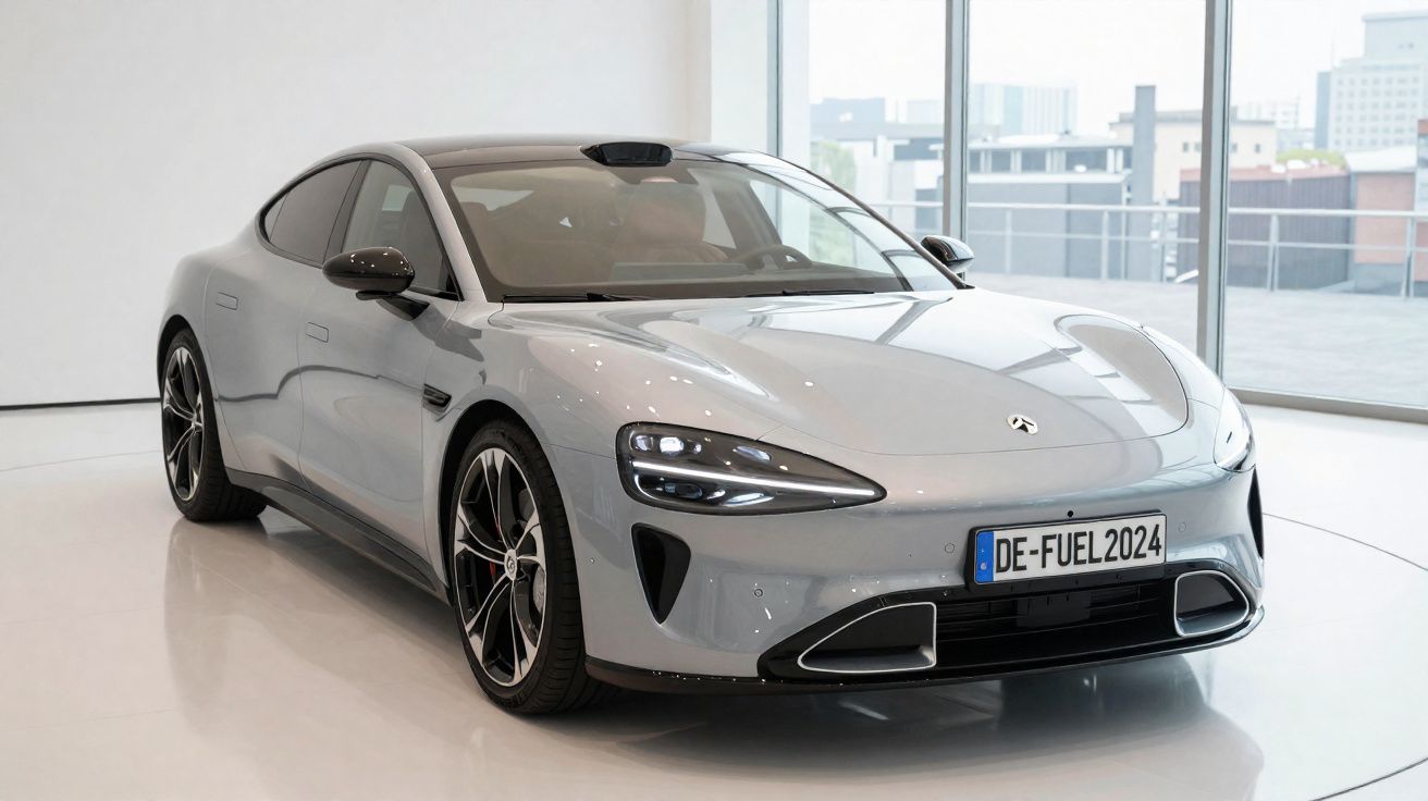 Carro elétrico cinza claro, modelo desportivo, exposto num espaço interior moderno com janelas amplas.