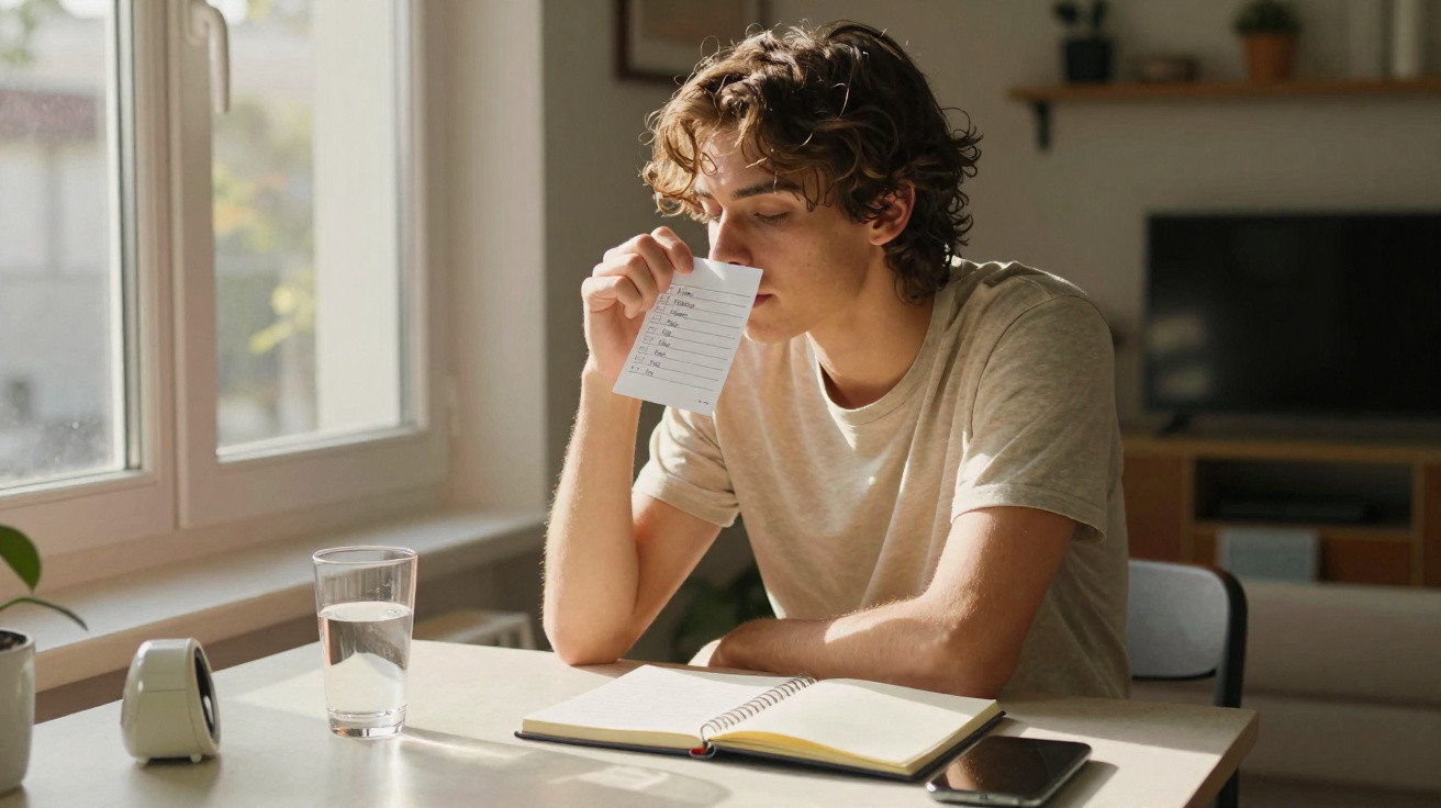 Jovem sentado numa mesa a ler e cheirar um papel, com caderno aberto, telemóvel e copo de água à sua frente.