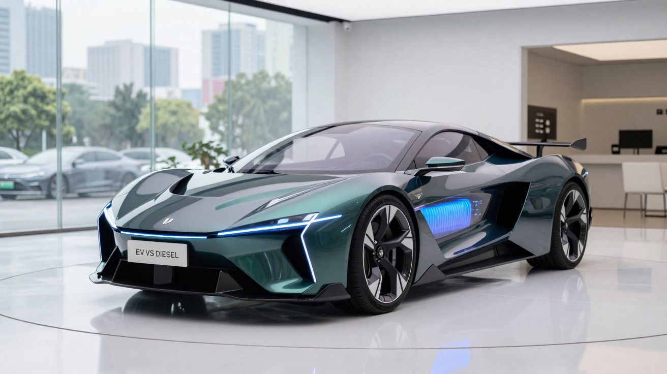 Carro desportivo elétrico verde escuro com detalhes luminosos azuis exposto em espaço moderno e luminoso.