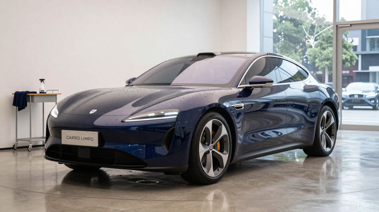 Carro elétrico desportivo azul com jantes modernas numa garagem bem iluminada e piso polido.