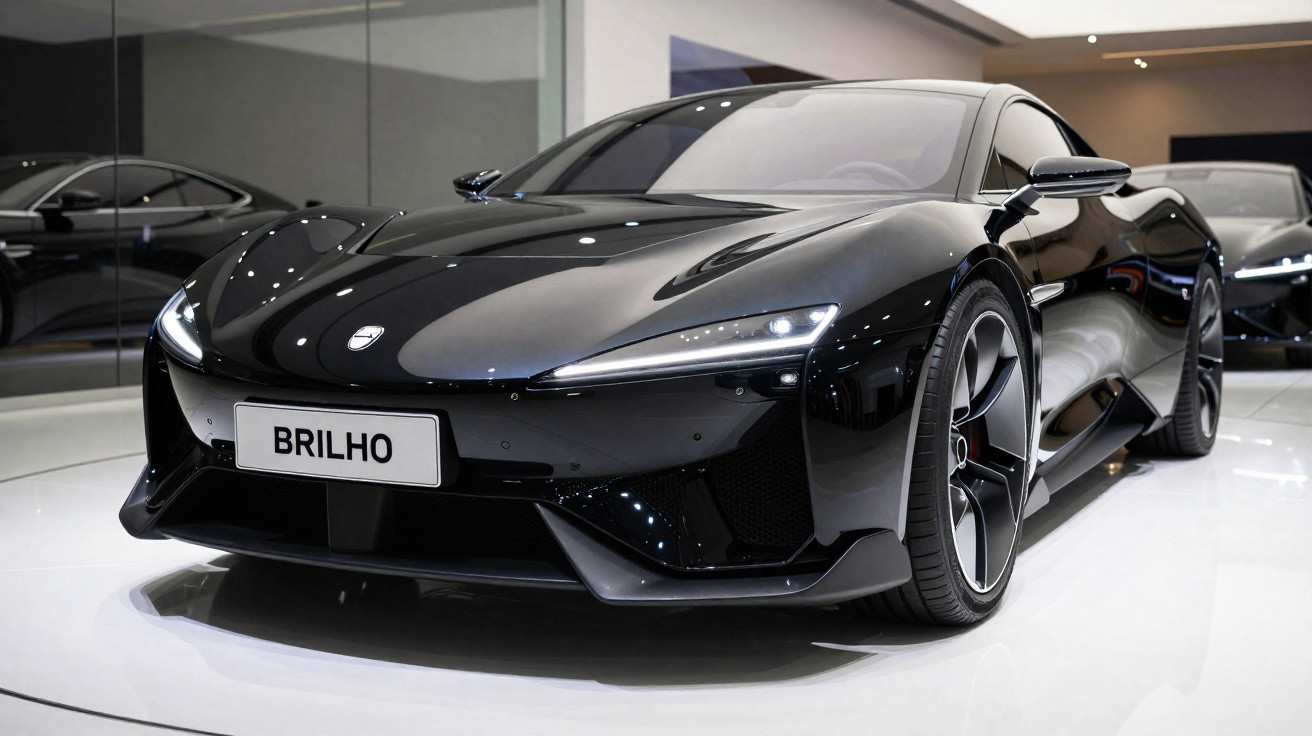 Carro desportivo preto brilhante com luzes LED finas num showroom moderno com chão branco.