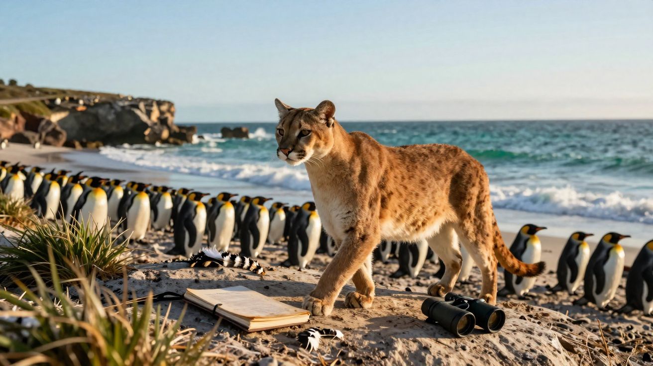 Puma a andar na praia junto a uma linha de pinguins imperadores com mar e rochas ao fundo.