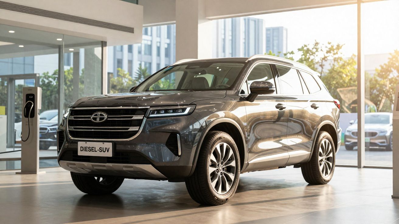 SUV cinzento diesel estacionado numa garagem moderna com janelas grandes e luz natural.