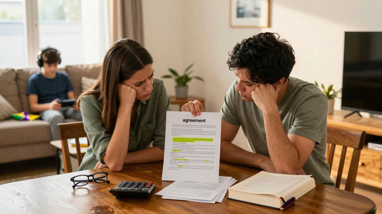 Casal preocupado a analisar documento de acordo destacado na mesa com calculadora e livro, criança ao fundo no sofá.