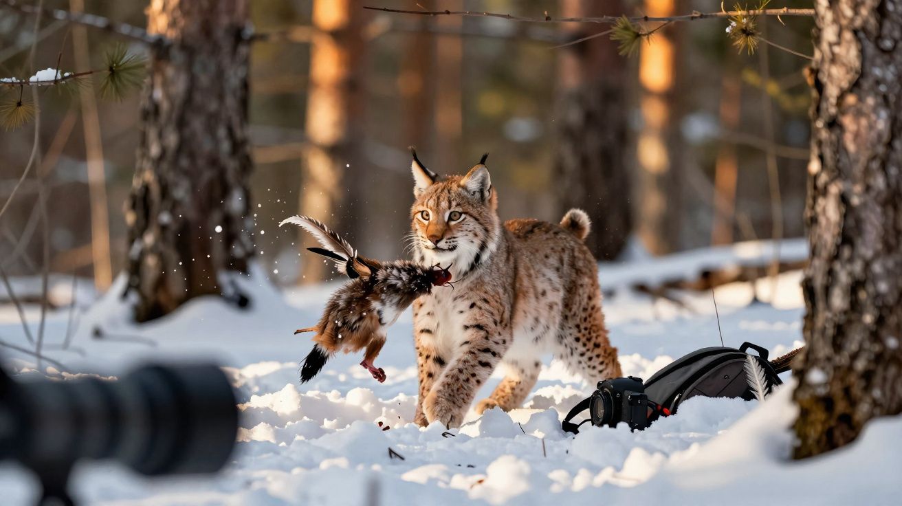 Lince na neve com uma ave na boca, próximo a uma câmera fotográfica num ambiente de floresta.