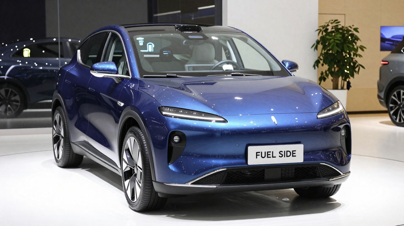 Carro elétrico azul metálico com design moderno exposto em salão automóvel, placa dianteira "FUEL SIDE".
