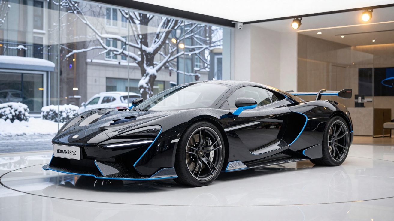 Automóvel desportivo preto brilhante com detalhes azuis numa exposição interior, vista de frente e lado.