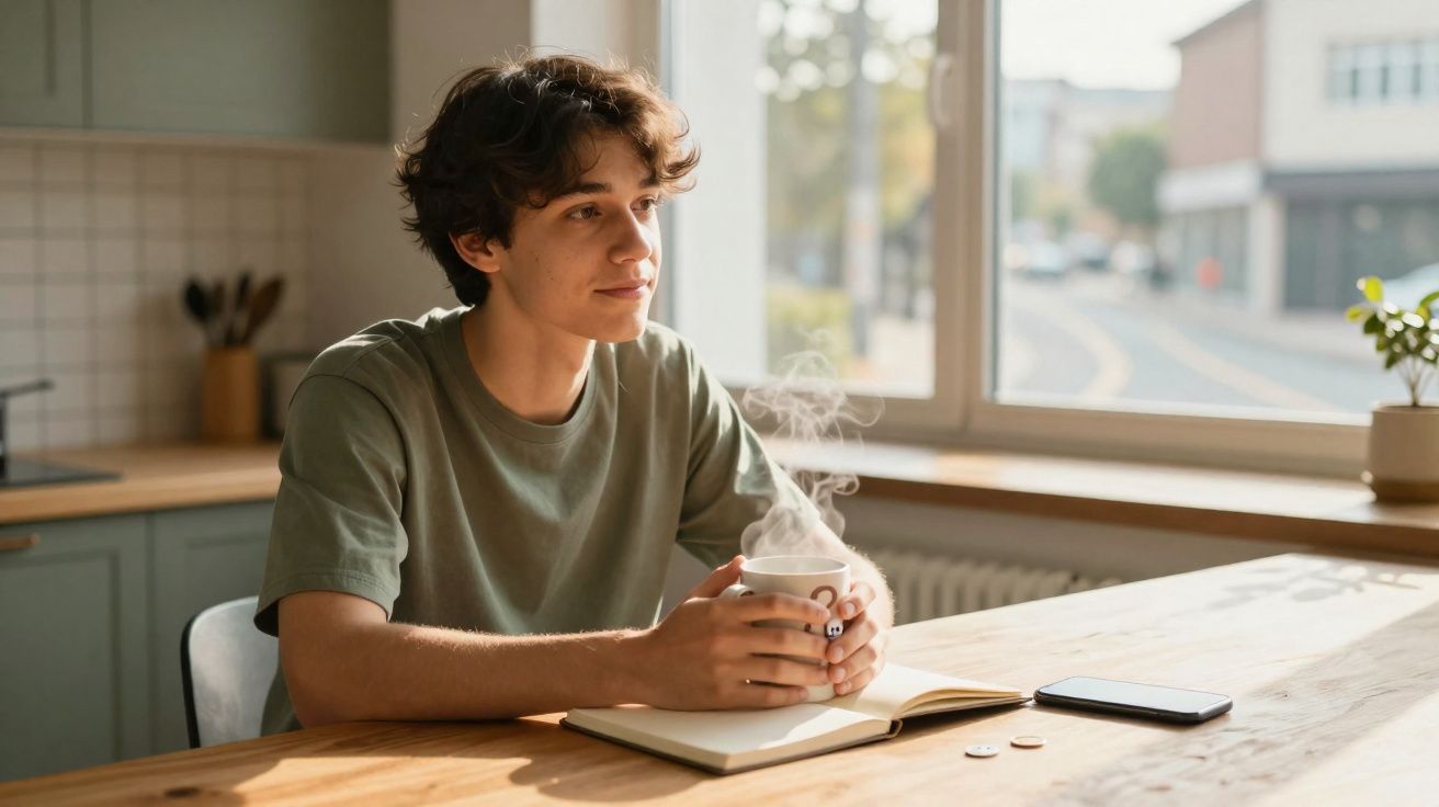Jovem sentado à mesa a beber chá quente, com caderno aberto e telemóvel, junto a uma janela iluminada.