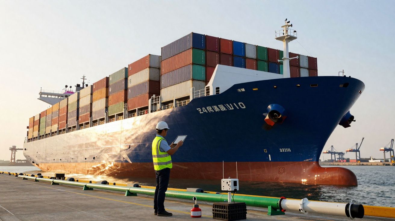 Homem com colete e capacete a inspeccionar contentores num grande navio porta-contentores no porto.