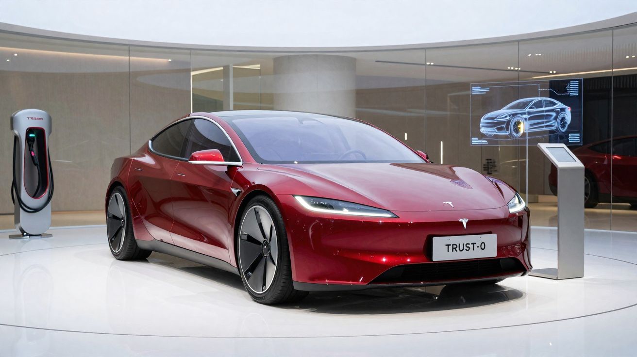 Carro elétrico vermelho Tesla Trust-O em exposição num espaço moderno com carregador elétrico ao lado.