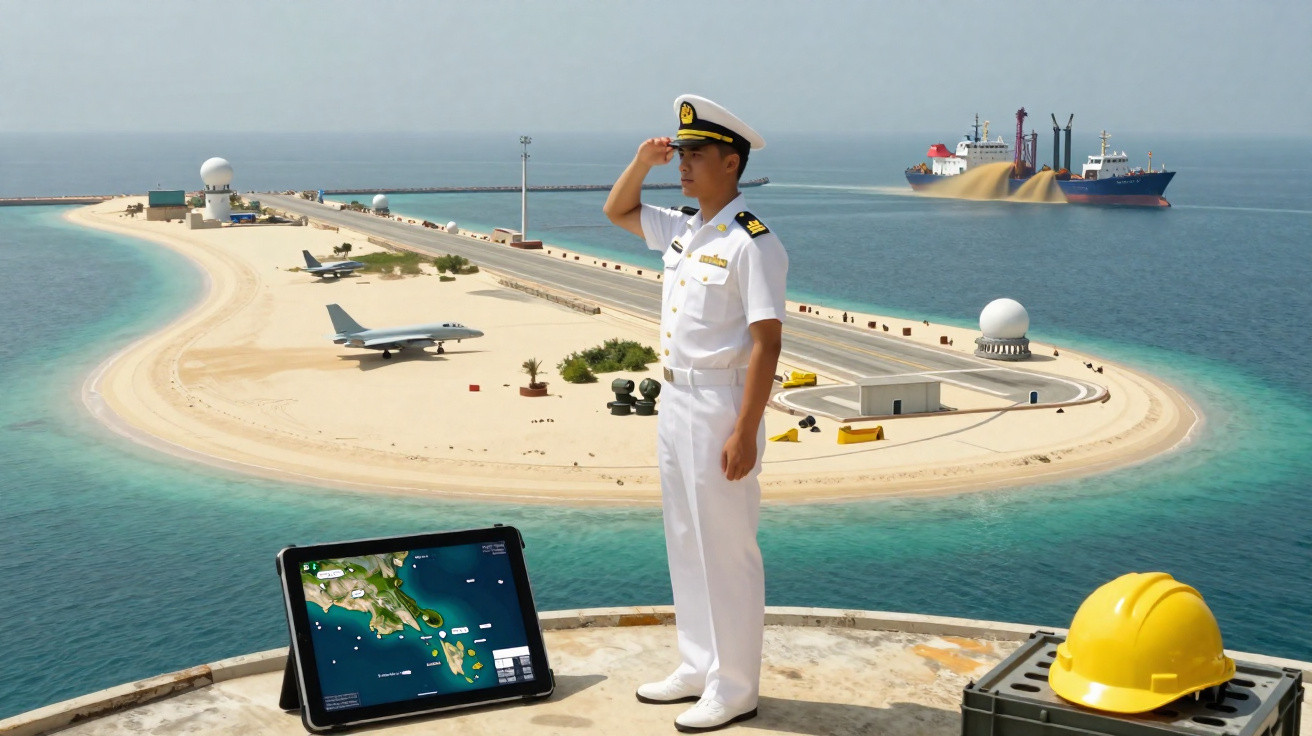 Marinheiro em uniforme branco a saudação numa base militar numa ilha artificial com aeronaves e navio ao fundo.