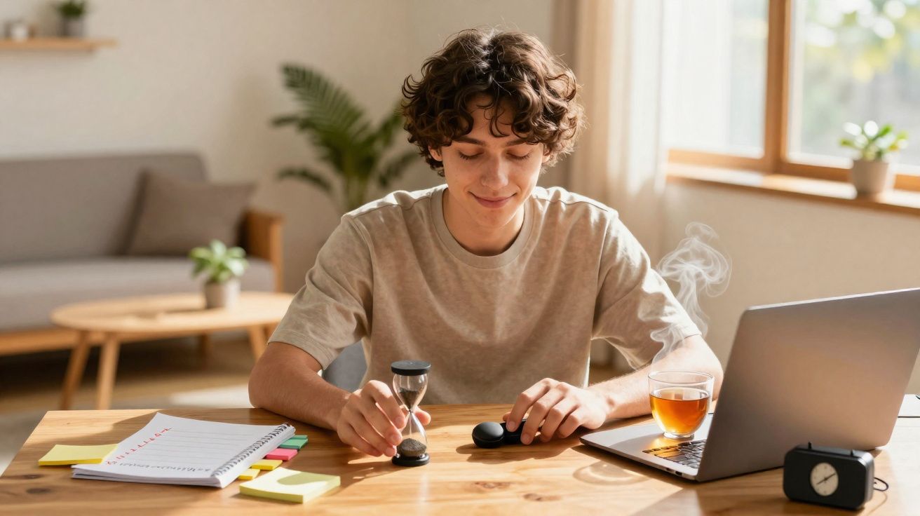 Jovem sentado à mesa com laptop, ampulheta, chá quente e material de estudo numa sala luminosa.