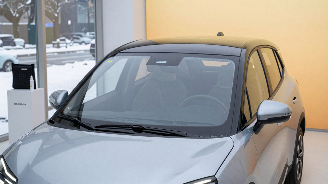Carro elétrico cinza estacionado em interiores com neve visível através das janelas.