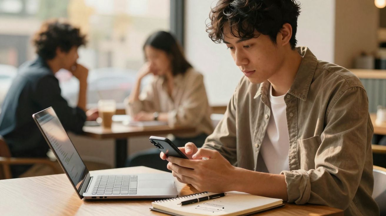 Jovem sentado numa mesa de café a olhar para o telemóvel, com portátil aberto e caderno à frente.