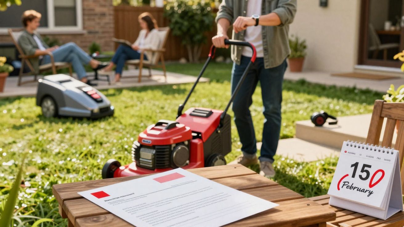 Pessoa a cortar a relva com máquina num jardim, com outras duas pessoas sentadas ao fundo e calendário aberto a 15 de feverei