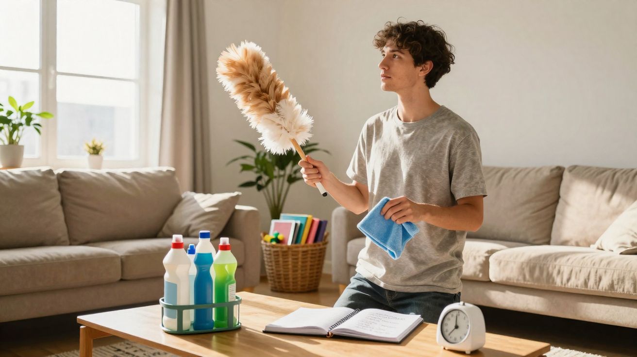 Homem jovem a limpar uma sala de estar com espanador e pano, com produtos de limpeza numa mesa diante dele.