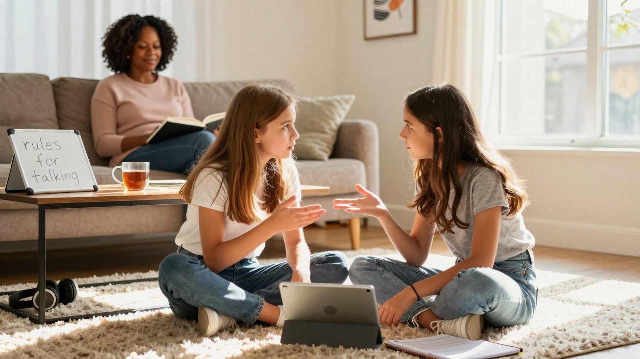 DuAS raparigas sentadas no chão a discutir com tablet, mulher a ler no sofá ao fundo, placa com regras de conversa.