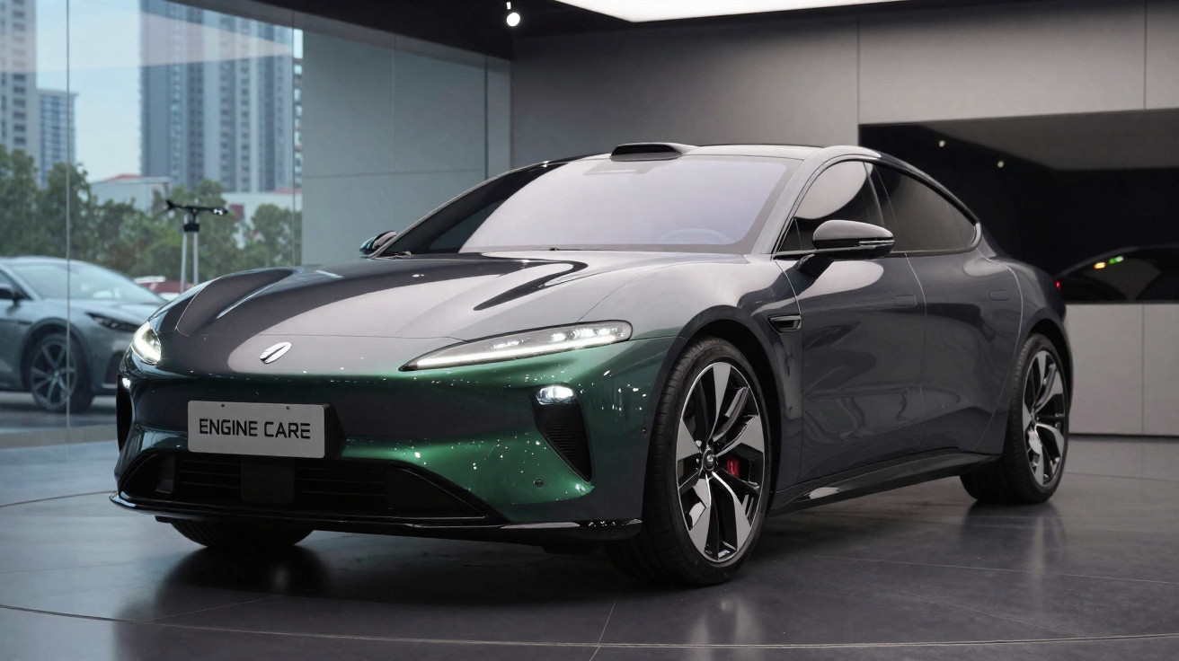 Carro elétrico desportivo verde escuro exposto em showroom com iluminação suave e janelas amplas.
