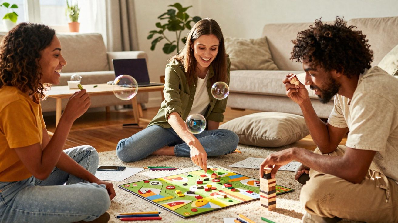 Três amigos sentados no chão e a jogar um jogo de tabuleiro com bolhas de sabão a flutuar.