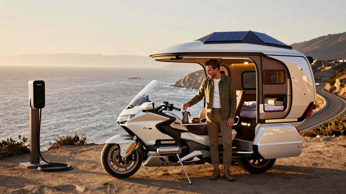 Homem prepara café junto a motocicleta com camper elétrico, ao pôr do sol junto ao mar e posto de carregamento.