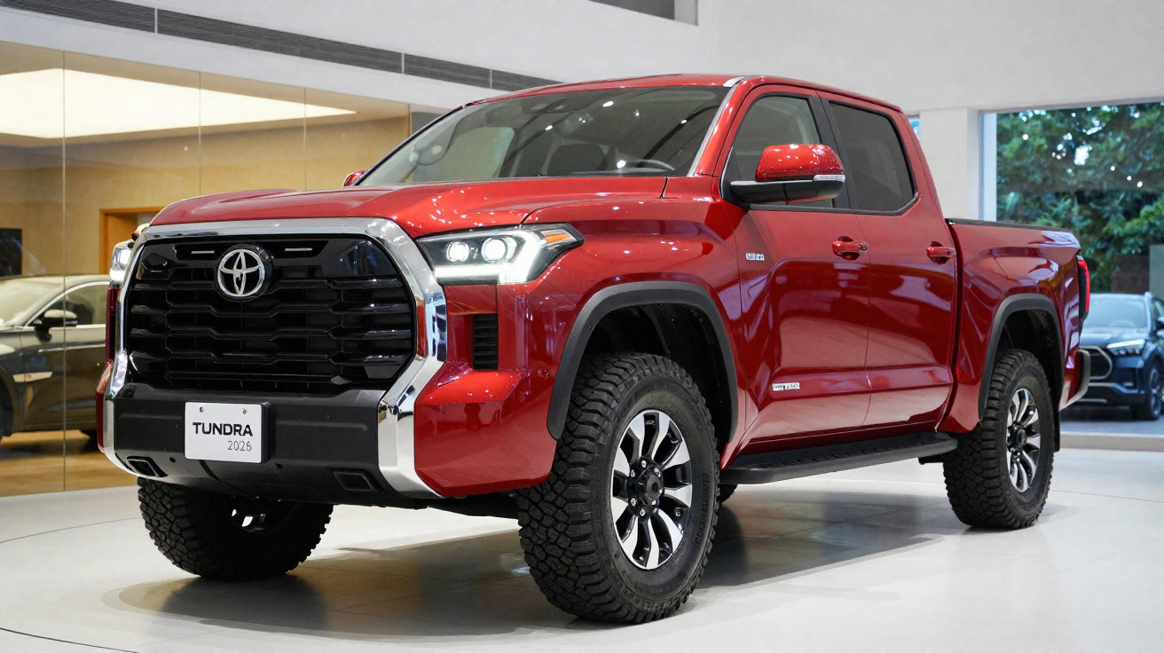 Pickup Toyota Tundra 2025 vermelha em exposição numa sala moderna.