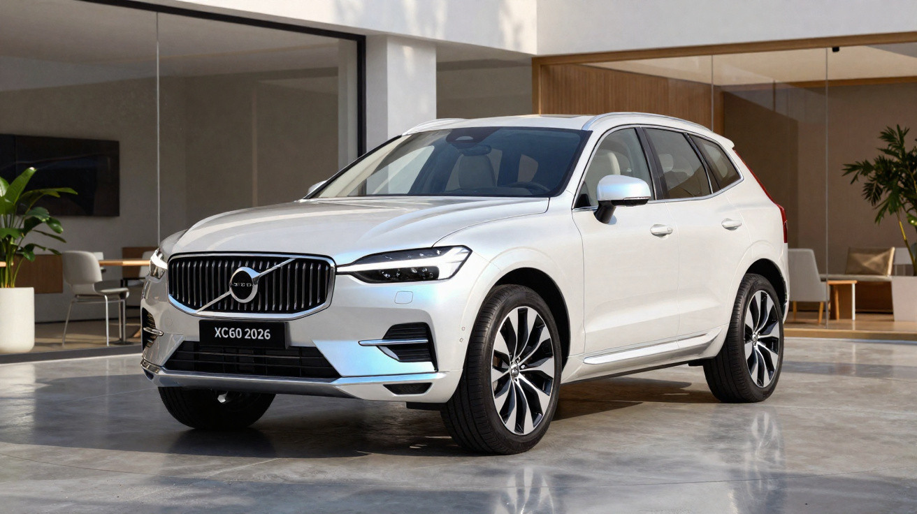 Carro Volvo XC60 branco 2026 estacionado numa garagem moderna e iluminada.